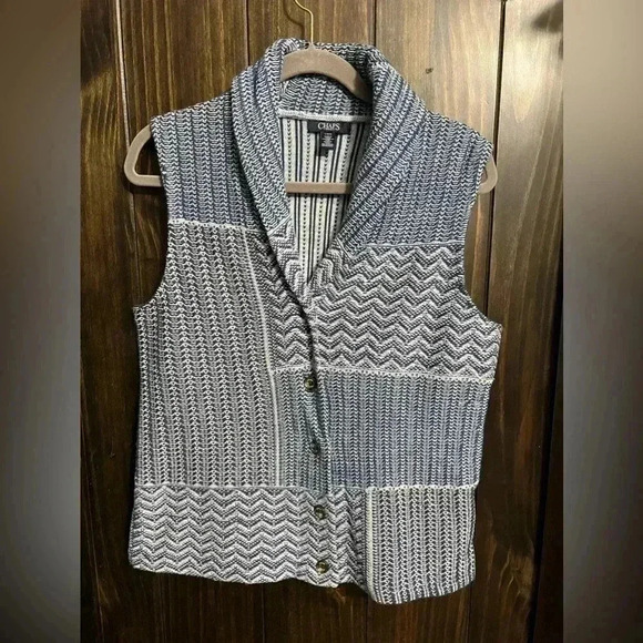 Chaps Blue and White Knit Button Front Shawl Collar Sweater Vest, Size Large - Picture 1 of 10